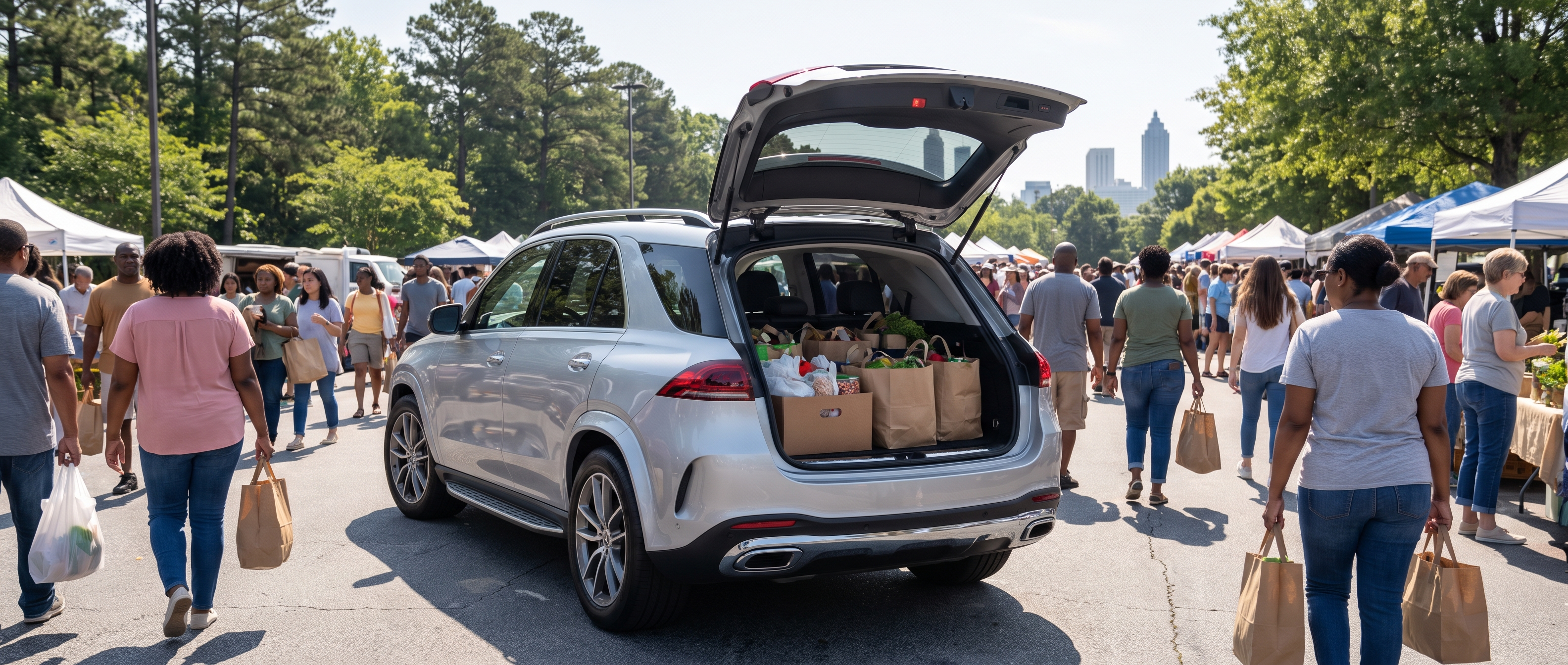 2026 Mercedes-Benz GLE SUV with rear liftgate open showing spacious cargo area, ideal for large grocery hauls near Buford Highway, Atlanta